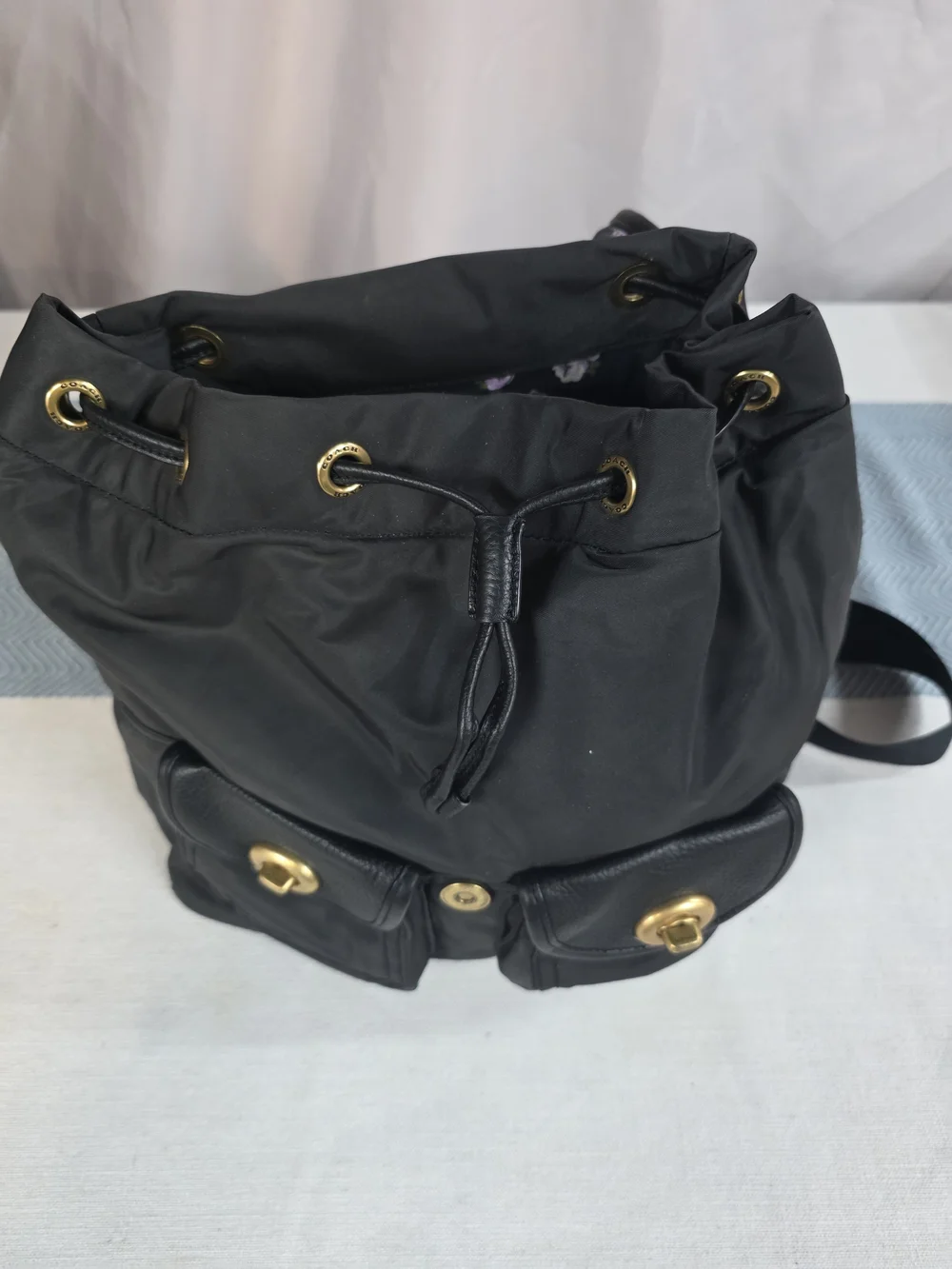 Coach Black Nylon Leather Cargo Backpack with Gold Hardware